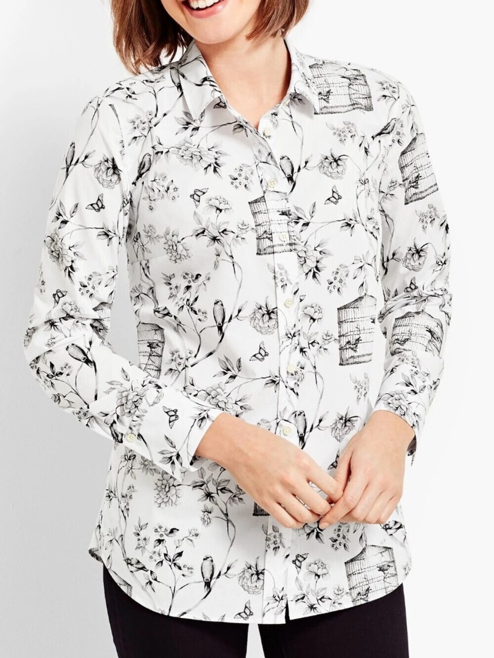 Talbots 1X Birdcage Toile Print Long Sleeve Cotton Shirt
